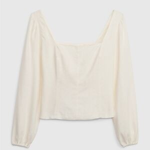 GAP Linen Blend Puff Sleeve Cream Women's Blouse Smocked Back Square Neck XXL